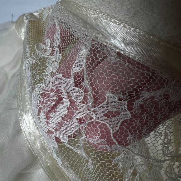 Vintage 70s Chiffon Maxi Wedding Dress Union Made Prom Ivory Lace Hi Neck Small - Picture 14 of 16